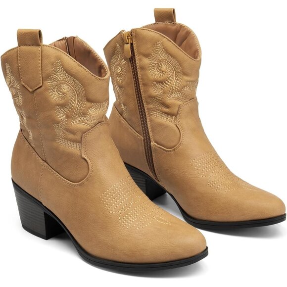 DREAM PAIRS Ankle Boots Women's Tan Leather Fashion Low chunky Heel Round Toe - Picture 5 of 7